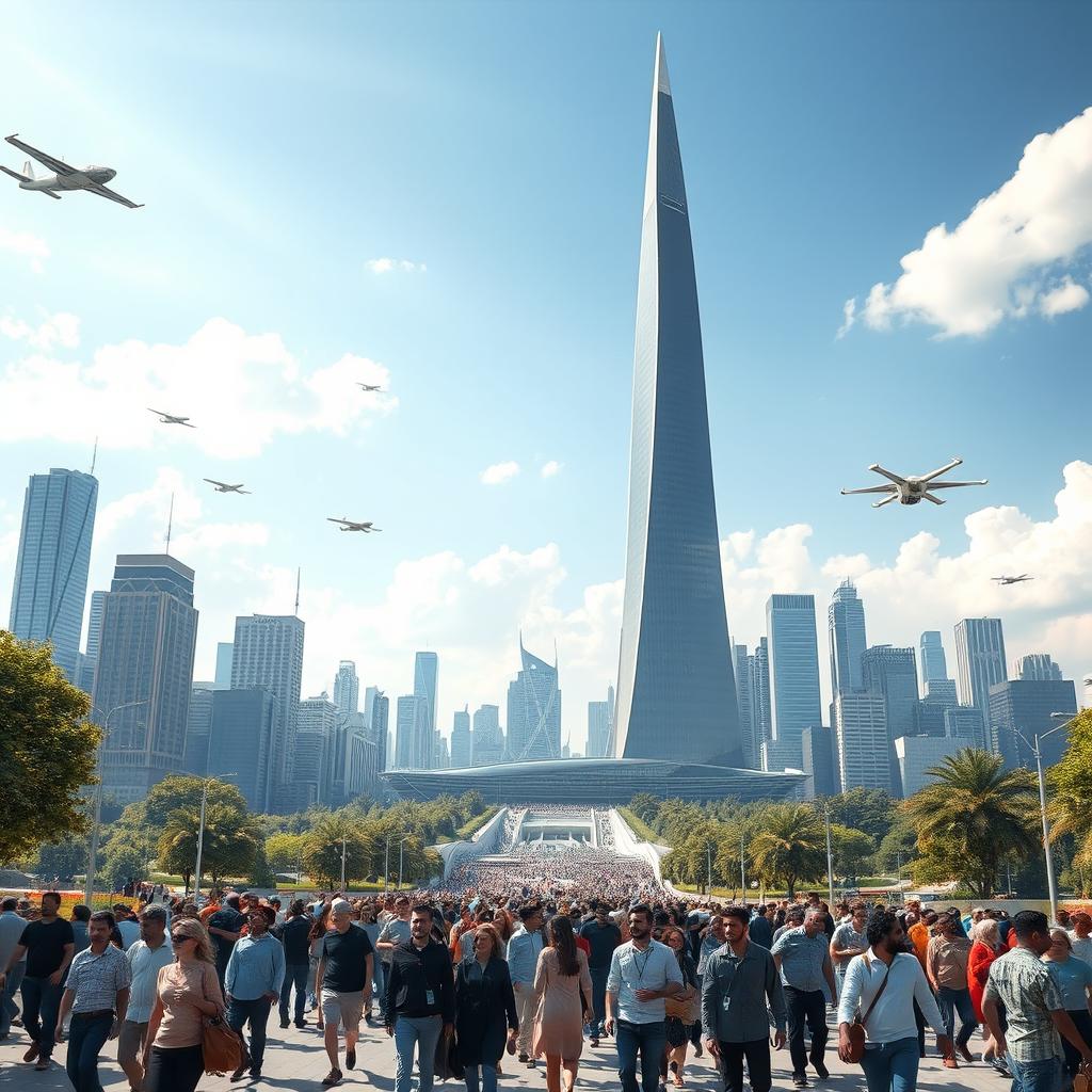 The Milad Tower situated in Tehran, Iran, envisioned in a futuristic setting 100 years in the future
