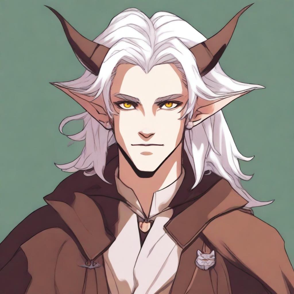 This is an image of a youthful tiefling character with medium-length, fluffy white hair styled half up, half down with curtain bangs