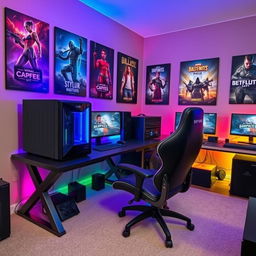 A gaming room featuring an expensive computer setup with a sleek desktop PC on a stylish desk, surrounded by high-quality gaming peripherals, including an ergonomic gaming chair