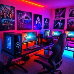 A gaming room featuring an expensive computer setup with a sleek desktop PC on a stylish desk, surrounded by high-quality gaming peripherals, including an ergonomic gaming chair