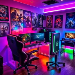 A gaming room featuring an expensive computer setup with a sleek desktop PC on a stylish desk, surrounded by high-quality gaming peripherals, including an ergonomic gaming chair