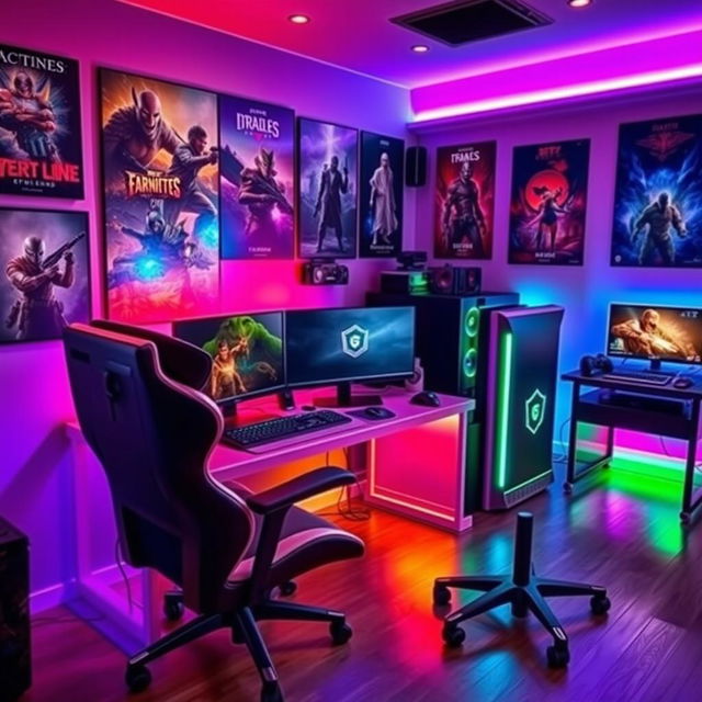 A gaming room featuring an expensive computer setup with a sleek desktop PC on a stylish desk, surrounded by high-quality gaming peripherals, including an ergonomic gaming chair