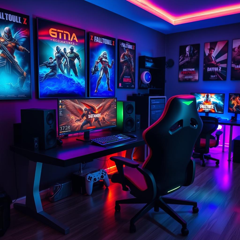 A gaming room featuring an expensive computer setup with a sleek desktop PC on a stylish desk, surrounded by high-quality gaming peripherals, including an ergonomic gaming chair