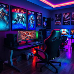 A gaming room featuring an expensive computer setup with a sleek desktop PC on a stylish desk, surrounded by high-quality gaming peripherals, including an ergonomic gaming chair