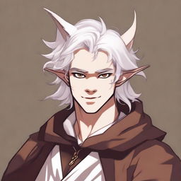 This is an image of a youthful tiefling character with medium-length, fluffy white hair styled half up, half down with curtain bangs