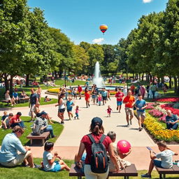 A vibrant scene in a bustling public park filled with a diverse group of people enjoying various activities