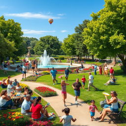A vibrant scene in a bustling public park filled with a diverse group of people enjoying various activities