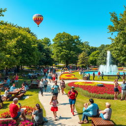 A vibrant scene in a bustling public park filled with a diverse group of people enjoying various activities