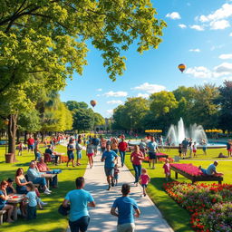 A vibrant scene in a bustling public park filled with a diverse group of people enjoying various activities