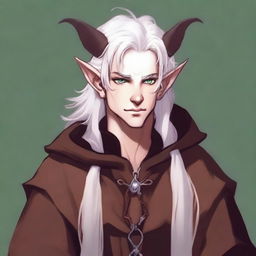 This is an image of a youthful tiefling character with medium-length, fluffy white hair styled half up, half down with curtain bangs