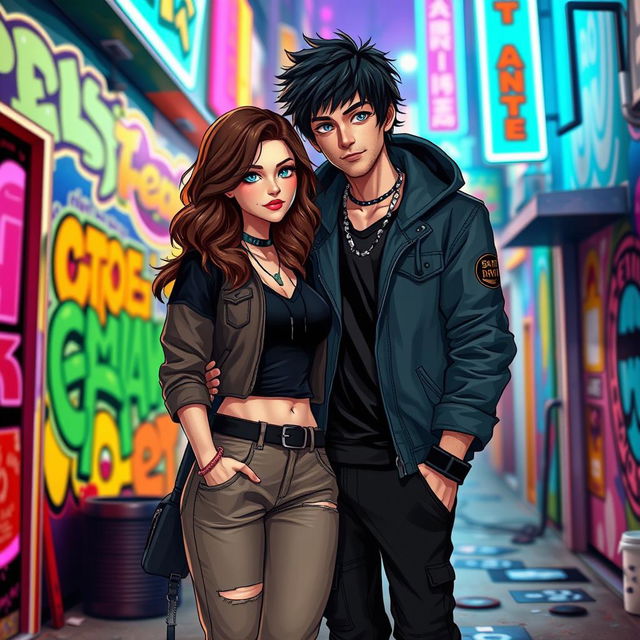 An artistic depiction of a fantasy couple known as Taennie, featuring two characters with striking personalities—a strong, confident woman with shoulder-length wavy brown hair wearing a stylish outfit; and a charming man with tousled dark hair, dressed in a trendy streetwear style