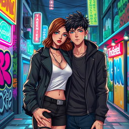 An artistic depiction of a fantasy couple known as Taennie, featuring two characters with striking personalities—a strong, confident woman with shoulder-length wavy brown hair wearing a stylish outfit; and a charming man with tousled dark hair, dressed in a trendy streetwear style