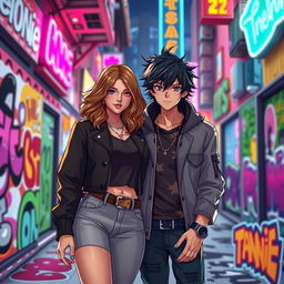 An artistic depiction of a fantasy couple known as Taennie, featuring two characters with striking personalities—a strong, confident woman with shoulder-length wavy brown hair wearing a stylish outfit; and a charming man with tousled dark hair, dressed in a trendy streetwear style