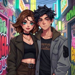An artistic depiction of a fantasy couple known as Taennie, featuring two characters with striking personalities—a strong, confident woman with shoulder-length wavy brown hair wearing a stylish outfit; and a charming man with tousled dark hair, dressed in a trendy streetwear style