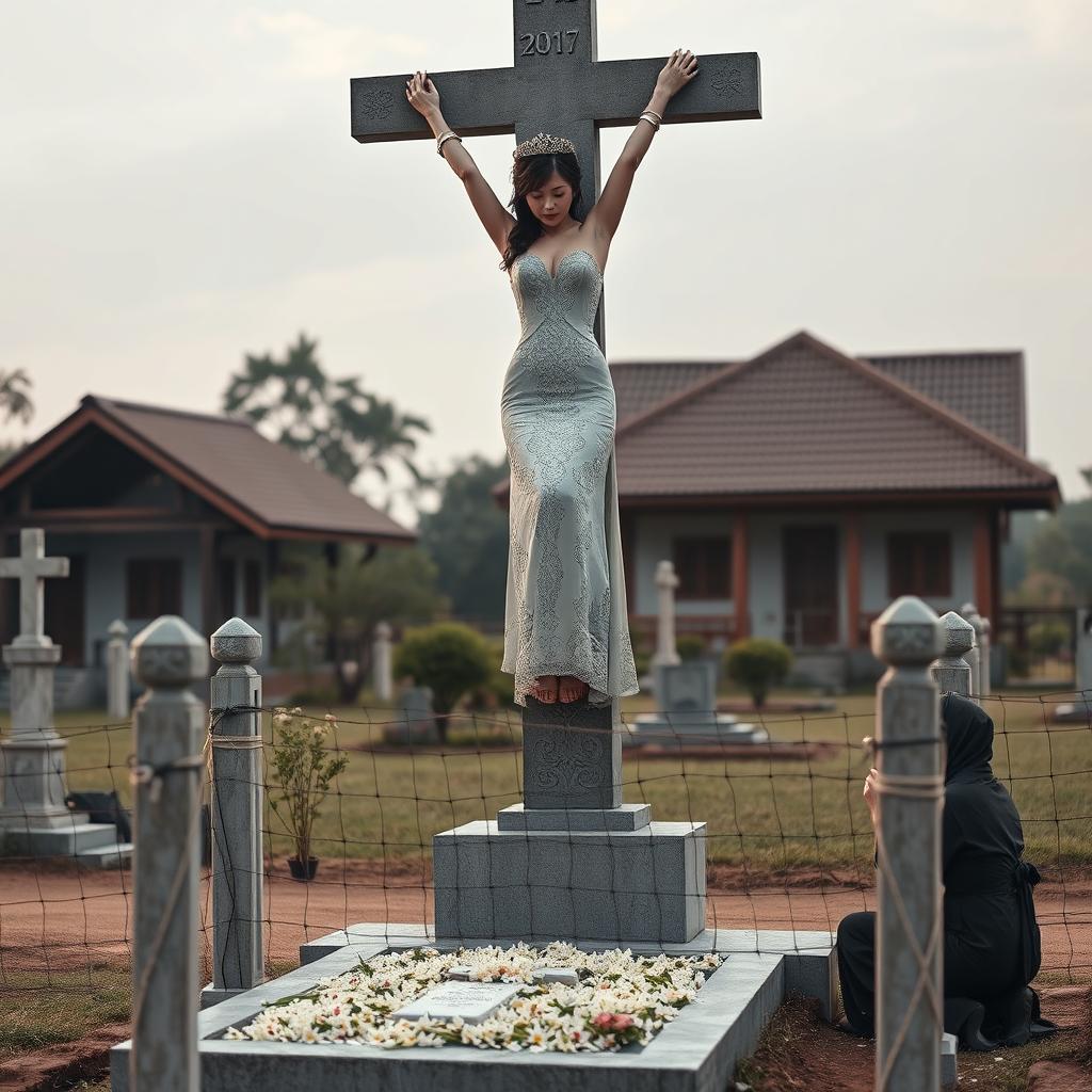 A beautiful Korean woman, her arms and legs bound by shackles and chains, hanging crucified on a tall concrete cross statue located in a cemetery