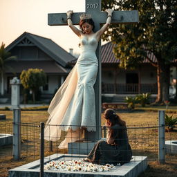 A beautiful Korean woman, her arms and legs bound by shackles and chains, hanging crucified on a tall concrete cross statue located in a cemetery