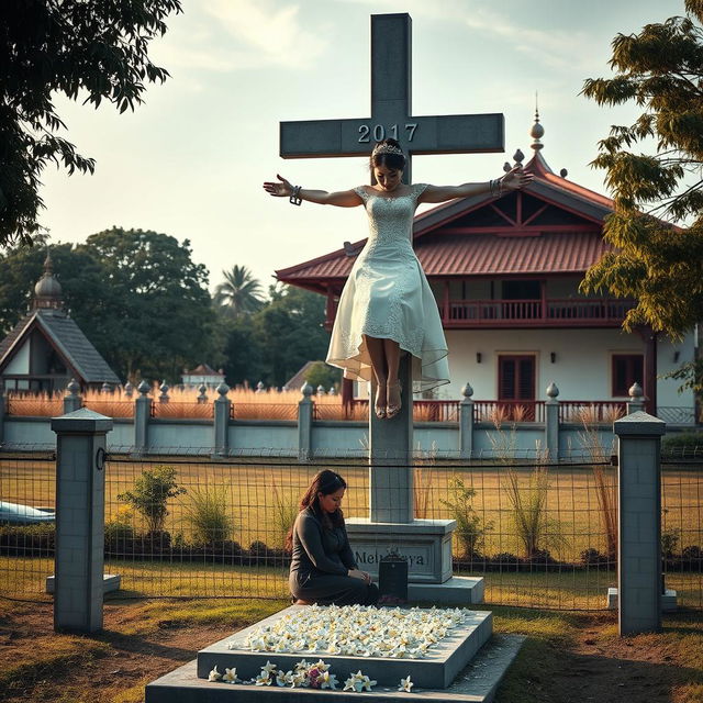 A beautiful Korean woman, her arms and legs bound by shackles and chains, hanging crucified on a tall concrete cross statue located in a cemetery