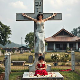 A beautiful Korean woman, her arms and legs bound by shackles and chains, hanging crucified on a tall concrete cross statue located in a cemetery
