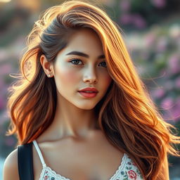 A stunning young female human model with mesmerizing, radiant hair, portraying an age of 20 years