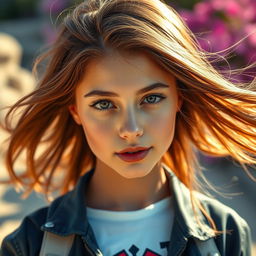 A stunning young female human model with mesmerizing, radiant hair, portraying an age of 20 years