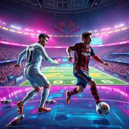 A futuristic scene depicting two legendary football players, Cristiano Ronaldo and Lionel Messi, both aged 60, in an advanced technological setting, still showcasing their athletic stature and talent