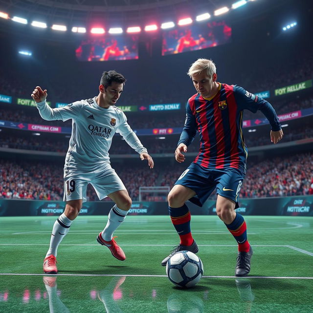 A futuristic scene depicting two legendary football players, Cristiano Ronaldo and Lionel Messi, both aged 60, in an advanced technological setting, still showcasing their athletic stature and talent