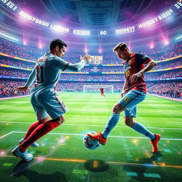 A futuristic scene depicting two legendary football players, Cristiano Ronaldo and Lionel Messi, both aged 60, in an advanced technological setting, still showcasing their athletic stature and talent
