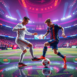 A futuristic scene depicting two legendary football players, Cristiano Ronaldo and Lionel Messi, both aged 60, in an advanced technological setting, still showcasing their athletic stature and talent