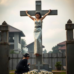 A striking scene featuring a beautiful Korean woman, her arms and legs bound by shackles and chains, hanging crucified on a tall concrete cross statue in a cemetery