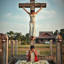 A striking scene featuring a beautiful Korean woman, her arms and legs bound by shackles and chains, hanging crucified on a tall concrete cross statue in a cemetery