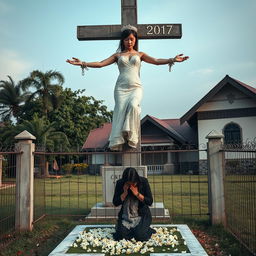 A striking scene featuring a beautiful Korean woman, her arms and legs bound by shackles and chains, hanging crucified on a tall concrete cross statue in a cemetery