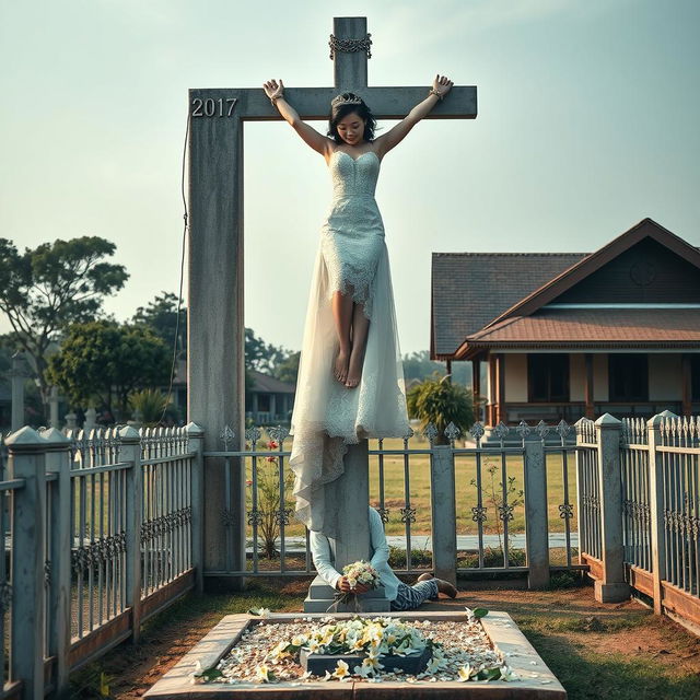 A striking scene featuring a beautiful Korean woman, her arms and legs bound by shackles and chains, hanging crucified on a tall concrete cross statue in a cemetery