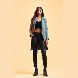 A stunning female human model standing confidently, showcasing a charismatic and elegant presence