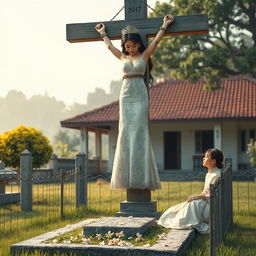 A poignant scene featuring a beautiful Korean woman, bound by shackles and chains at both wrists and ankles, hanging crucified on a tall concrete cross in a cemetery
