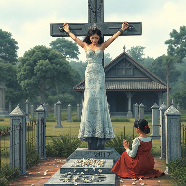 A poignant scene featuring a beautiful Korean woman, bound by shackles and chains at both wrists and ankles, hanging crucified on a tall concrete cross in a cemetery