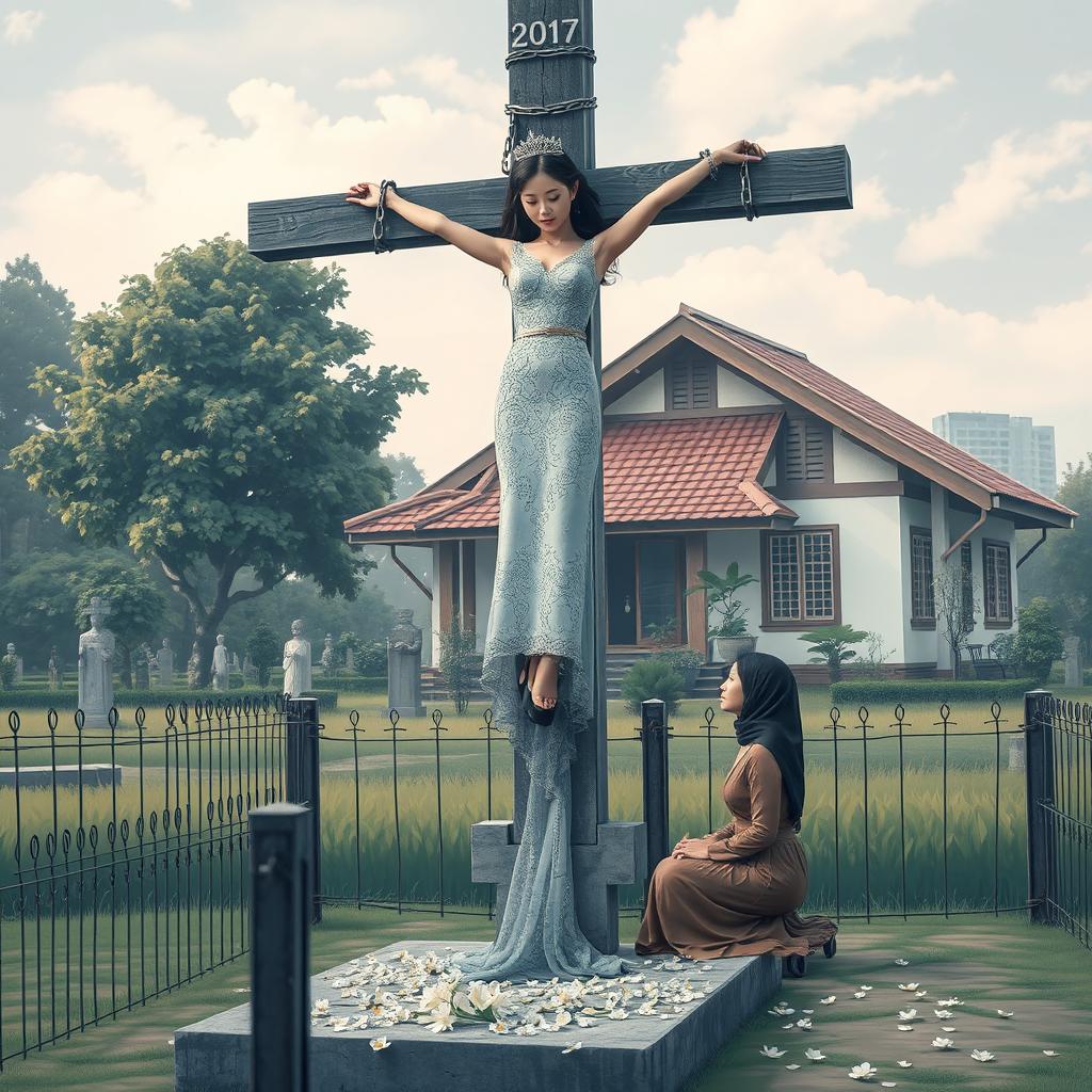 A poignant scene featuring a beautiful Korean woman, bound by shackles and chains at both wrists and ankles, hanging crucified on a tall concrete cross in a cemetery