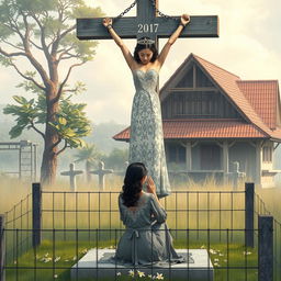 A poignant scene featuring a beautiful Korean woman, bound by shackles and chains at both wrists and ankles, hanging crucified on a tall concrete cross in a cemetery