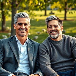 A heartwarming scene depicting an elderly Cristiano Ronaldo and Lionel Messi sitting together on a park bench