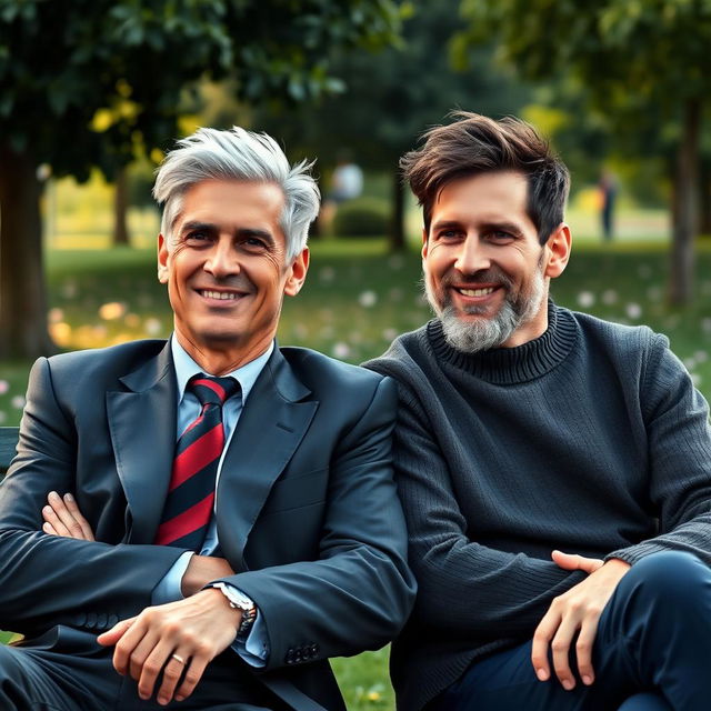 A heartwarming scene depicting an elderly Cristiano Ronaldo and Lionel Messi sitting together on a park bench