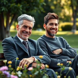 A heartwarming scene depicting an elderly Cristiano Ronaldo and Lionel Messi sitting together on a park bench