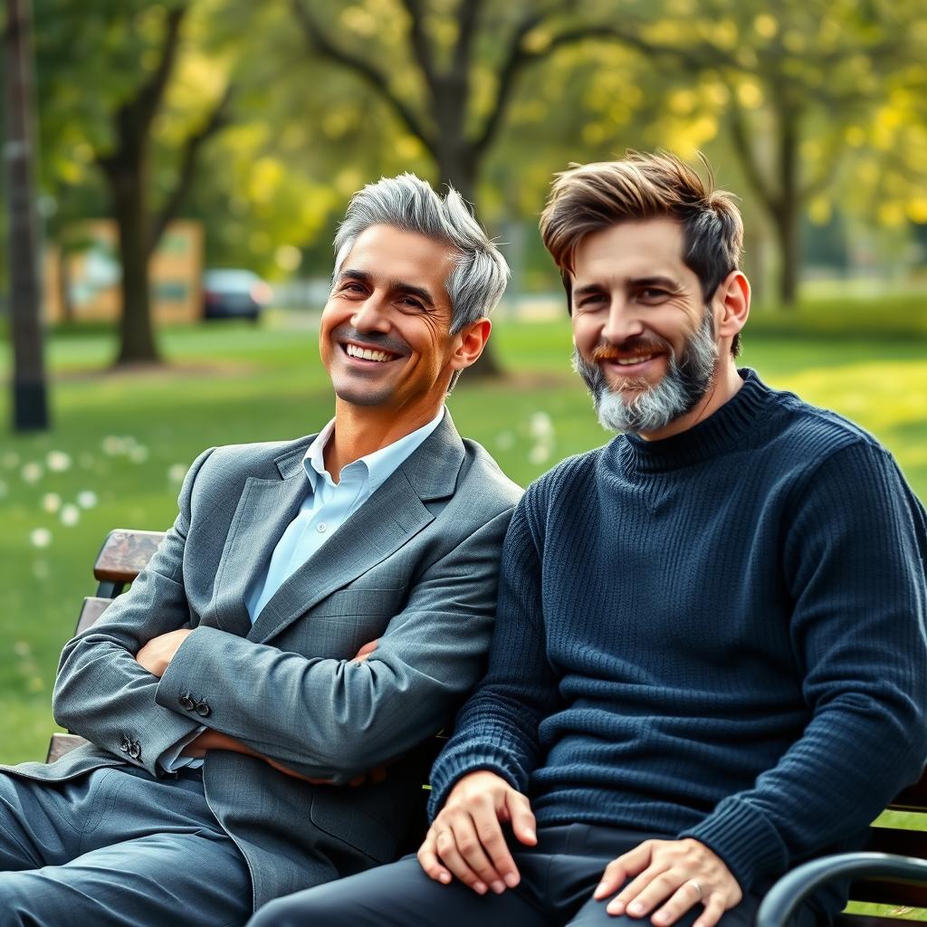 A heartwarming scene depicting an elderly Cristiano Ronaldo and Lionel Messi sitting together on a park bench