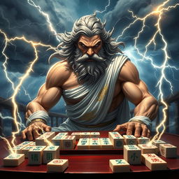 An imposing depiction of an angry Zeus, the Greek god of thunder, sitting aggressively at a traditional mahjong table