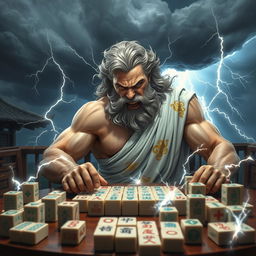 An imposing depiction of an angry Zeus, the Greek god of thunder, sitting aggressively at a traditional mahjong table