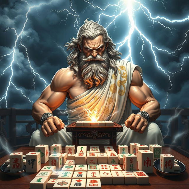 An imposing depiction of an angry Zeus, the Greek god of thunder, sitting aggressively at a traditional mahjong table