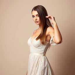 A beautiful female model showcasing an elegant fashion outfit in a studio setting