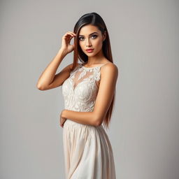 A beautiful female model showcasing an elegant fashion outfit in a studio setting