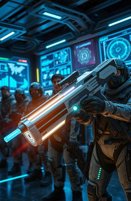 A futuristic scene depicting innovative weapons technology