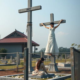 A visually arresting scene featuring a beautiful Korean woman, her arms and legs bound by shackles and chains, hanging crucified on a tall concrete cross statue in a cemetery