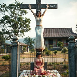 A visually arresting scene featuring a beautiful Korean woman, her arms and legs bound by shackles and chains, hanging crucified on a tall concrete cross statue in a cemetery
