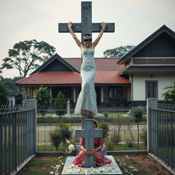 A visually arresting scene featuring a beautiful Korean woman, her arms and legs bound by shackles and chains, hanging crucified on a tall concrete cross statue in a cemetery